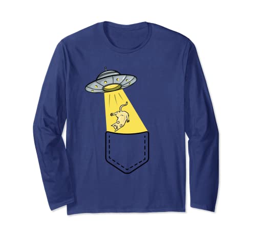 Cat Alien Abduction Pocket Believe UFO Kitten Cat Lover Tee Manga Larga