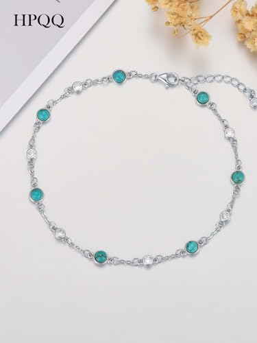 Image of HPQQ Anklet Bracelet for Women 925 Sterling Silver Natural Stone Chain Ankle Bracelet Beach Summer Fine Jewelry Birthday Mothers Day Gifts for Women Her Mom