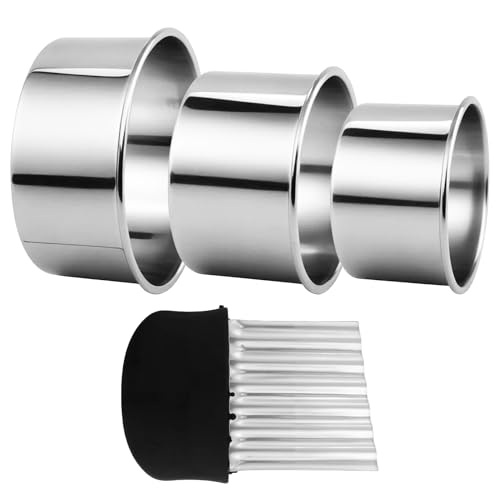 3 Círculos de pastelería de acero inoxidable, cortadores de galletas, aros emplatar, 3 tamaños, plata, con 1 cortador pequeño ondulado, redondas, para pastelería, fondants