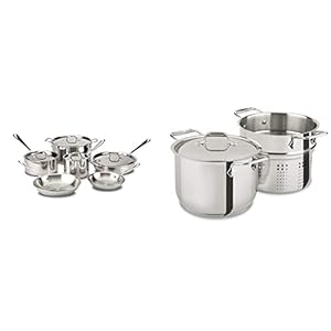 All-Clad D3 Stainless Cookware Set, Pots and Pans, Tri-Ply Stainless Steel, Professional Grade, 10-Piece & E414S6 Stainless Steel Pasta Pot and Insert Cookware, 6-Quart, Silver
