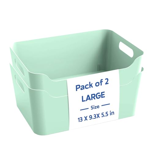 Image of KOLORR Jolly Plastic Large Baskets with Handle for Storage Box| Multipurpose Light Weight Plastic Baskets organiser for Clothes Toys Stationary Cosmetics Livingroom Bathroom | Pack of 2 - Mint