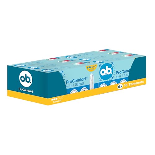 o.b. ProComfort normale 4 in 1 tamponi di protezione (6 x 16 pezzi) con punta extra delicata per un facile inserimento e protezione fino al 100% contro le perdite, ideali per lo sport e la vita