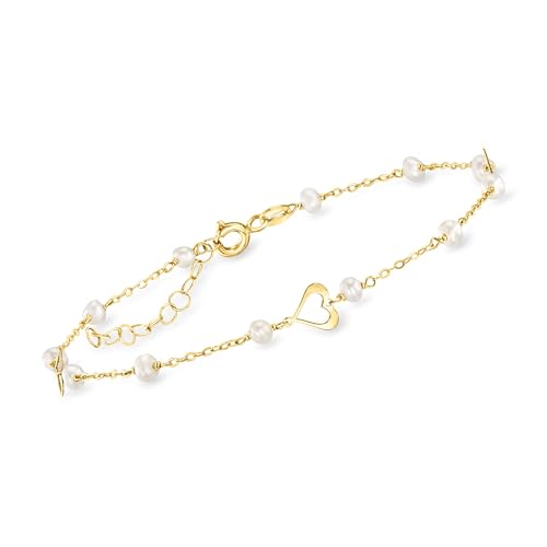 Ross-Simons Italian 3-3.5mm Cultured Pearl and Heart Station Bracelet in 10kt Yellow Gold. 7 inches