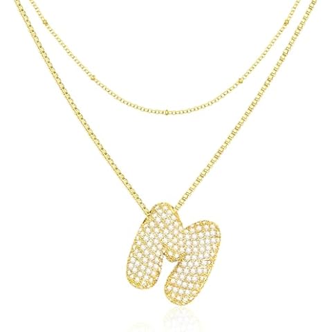 CandyHome Bubble Letter Necklace Gold, Dainty 18K Gold Plated Initial Necklaces for Women, A-Z Letter Layered Gold Necklace for Women Name Alphabet CZ Pendant Chain Personalized Jewelry Gifts - M Cover