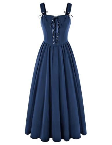 Renaissance Dress Women Navy Blue Lace Up Corset Dress Sleeveless Medieval Gown Blue XL