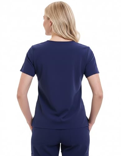 TINYLEMON Women Scrub Top - 3 Pockets V-Neck Slim Fit with Badge Loop Soft Four-Way Stretch Anti-Wrinkle Navy Blue Medium - image 5