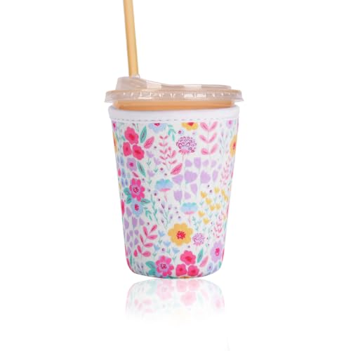 Image of Reusable Insulated Sleeve for Iced Coffee Cup, Coffee Neoprene Sleeve for Cold & Hot Drinks, Beverage Holder for Iced Coffee (Pastel Florals, Small: 16-18oz)