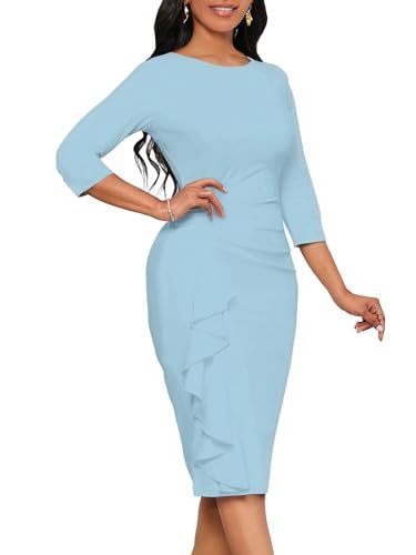 Image of Church Dresses for Women 3 /4 Sleeve Ruffle Vintage Bodycon Cocktail Work Midi Pencil Dress