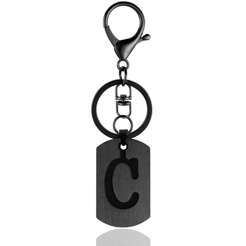 ANHBKAR A-Z Black Stainless Steel Letter Keychain - Alphabet Initial Key Ring for Men Women, Purse or Car Charm (C Black 03)