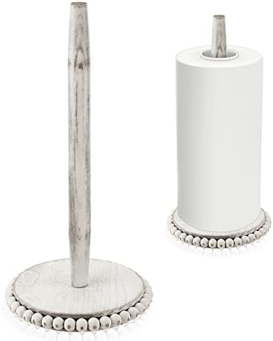 Farmhouse Paper Towel Holder Washed Beaded Paper Towel Stand Wood Paper Hanger Rack Standing Towel Roll Stand Organizer Paper Roll Holder Roll Dispenser for Kitchen Bathroom Countertop Cabinet, White