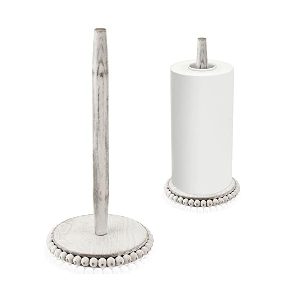 Farmhouse Paper Towel Holder Washed Beaded Paper Towel Stand Wood Paper Hanger Rack Standing Towel Roll Stand Organizer Paper Roll Holder Roll Dispenser for Kitchen Bathroom Countertop Cabinet, White