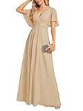Ever-Pretty Women's Chiffon V Neck Short Sleeves Appliques Prom Evening Dresses Champagne 12UK