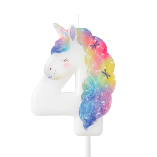 OH YEAH - Vela Número 4 Unicornio para Tartas - 6 cm - Vela Cumpleaños Infantil - Blanca con Melena y Cuerno Multicolor - Decoración Fiesta Unicornio