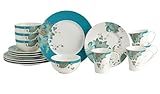 222 Fifth Eliza 16-Piece Teal Porcelain Dinnerware Set – Service for 4, Plate, Bowl & Mug Set, Floral & Peacock Feather Design, for Everyday Dining & Entertainment, Microwave & Dishwasher Safe