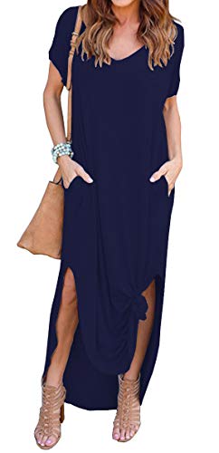 GRECERELLE Women's Casual Loose Pocket Long Dress Short Sleeve Split Maxi Dress Navy Blue Medium