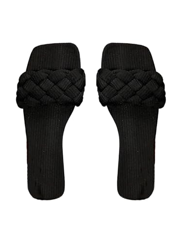 Women's Braided Flat Sandals Single Band Square Toe Slip on Slides Elegant Slide Shoes