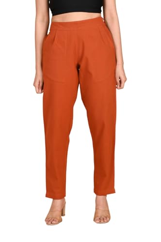 Image of Women's Solid Straight Fit 100% Cotton Trousers | High Waist, Side Pockets, Ankle Length Pants for Office, Casual