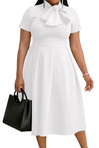 Image of FANDEE Midi Dress for Women Casual Short Sleeve A-line Semi Formal Fit and Flare Dress Classy Tie Neck Work Business Dresses