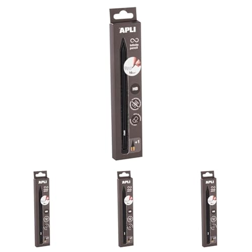 Apli 19828 - Crayon infini avec corps en métal noir, crayon éternel sans encre avec mine de rechange (Lot de 4)