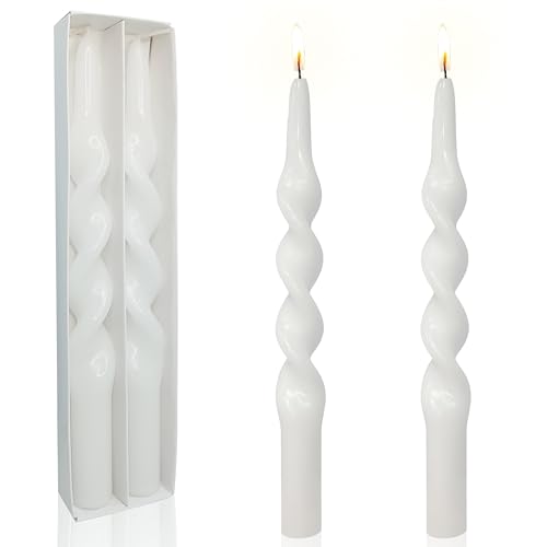 Gedengni Spiral Taper Candles White Candlesticks,Set of 2 Cute Candle Sticks Handmade Tapered Candles 10 Inches Long Twisted Candlestick for Home Decoration Holiday Party Women Gifts(1D-White)