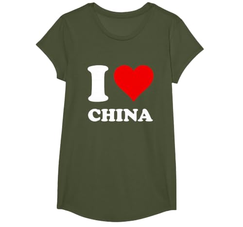 Red Heart I Love China T-Shirt, Girls, Olive Green, Large