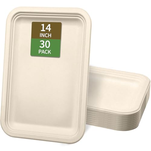 VEIZEDD 30Pack Compostable Food Trays 14 Inch Large Paper Plates Heavy Duty Disposable Crawfish Serving Tray for BBQ Seafood Boil Lobster Crab Seafood Boil Party Supplies (Brown 14Inch)