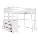 Xefinic Space-Saving Full Size Loft Bed with Desk and Drawers, Wooden Design with Shelves, White