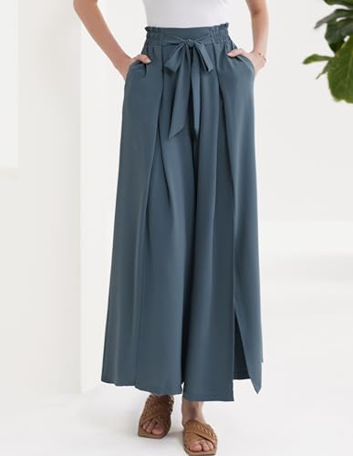 GRACE KARIN Women's Wide Leg Pants with Pockets Lightweight High Waisted Tie Knot Caual Loose Split Flowy Palazzo Trousers2