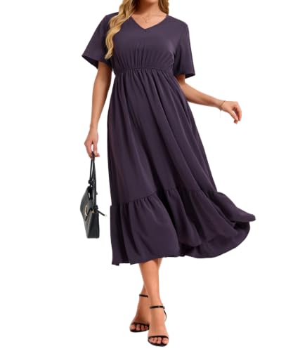 Image of Women's Summer Short Sleeve Maxi Floral Flowy Dresses with Pockets