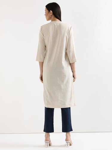 Image of SAADAA Women's Linen Straight Fit Straight Long Kurta Airy Plain Kurta, 3 /4 Sleeve, Knee Length Kurtis with Pockets, Casual and Office Wear