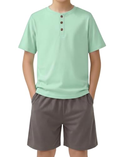 Image of Arshiner Boy's Textured Button Up Shirt and Shorts Set 2 Piece Summer Beach Outfit for 5~12 Years Kids