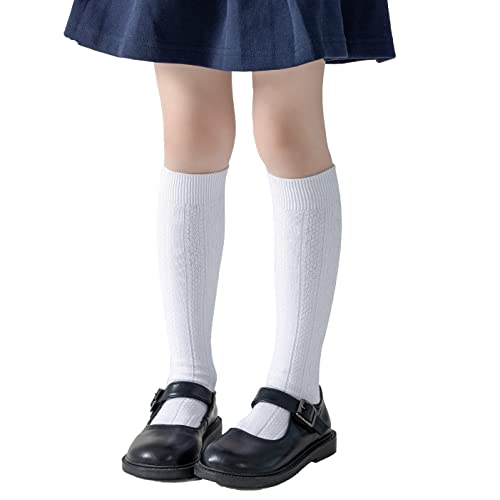 Marchare Girls Knee High Socks Kids Boys School Uniform Seamless Cable Knit Cotton Socks Stockings White Black Navy 3/6 Pack