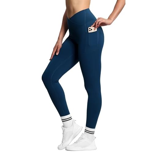 THE GYM PEOPLE Women's V Cross Waist Workout Leggings Tummy Control Running Yoga Pants with Pockets Dark Blue Green