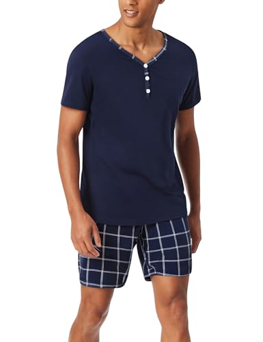 Irdcomps Schlafanzug Herren Kurz Pyjama Sommer Shorty Baumwolle Nachtwäsche Set Schlafanzüge Männer Karierter Navyblau XL
