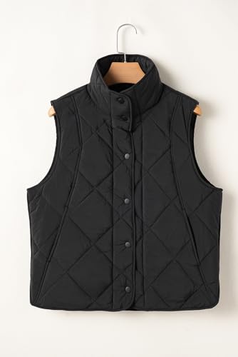 Women's Black Quilted High Neck Button Up Pocket Vest Coat for Winter3