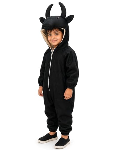 Image of BookMyCostume Black Buffalo Dress for Kids - Full Body Jumpsuit with Curved Horns Attached Hood - Farm Animal Bull Fancy Dress | Annual Day & Stage Performance Costume | 4-5 Years