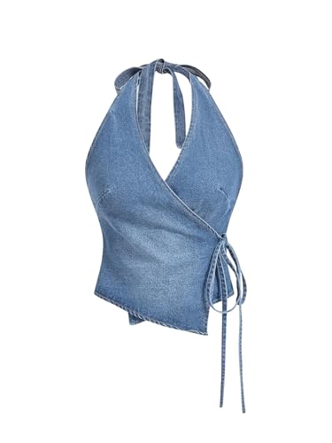 MakeMeChic Women's Halter Denim Top Wrap Asymmetrical Backless Fitted Y2K Crop Tops