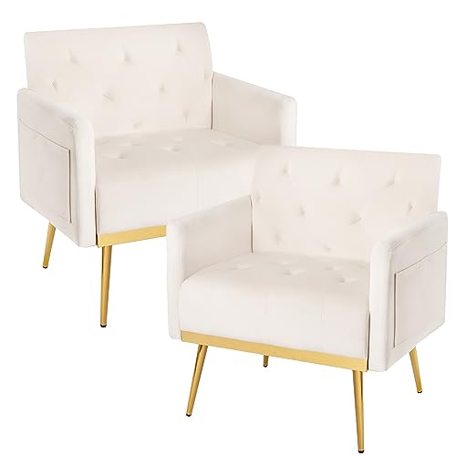 COCO DESIGN Velvet Accent Chair Set of 2 w/Gold Metal Legs, Mid Century Modern Reading Chair w/Side Pocket，Comfy Single Sofa Armchair for Living Room, Bedroom, Beige