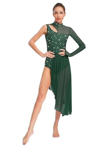 Yruioon Damen Lyrisch Tanzkleid Glitzer Ballettkleid Langarm Eiskunstlauf Kleid mit Asymmetrisch Rock Modern Dance Contemporary Tanzkleidung Grün S
