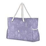miaozhen Bolsa de playa portátil para viajes con cremallera Simple Line Art Cottage Pastel Purple Bolsas grandes para mujer para el trabajo con bolsillos