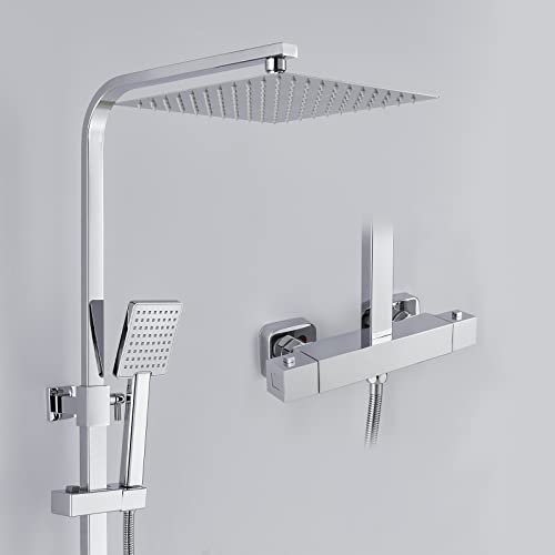 ROVOGO Duschsystem mit Thermostat, Duschset mit Edelstahl Duschkopf 25*25 cm, ABS Handbrause mit Duschschlauch 1,5m und Halterung, Duschstange Höhenverstellbar, Messing Duscharmatur, Eckig, Chrom Cover