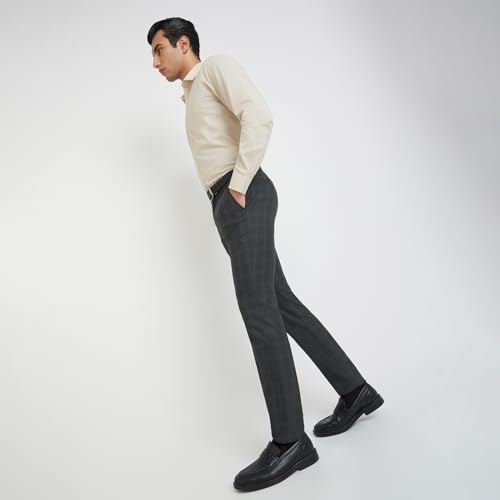 Image of Raymond Men Slim Fit Checks Pattern Polyester Blend Flat Front Formal Trouser