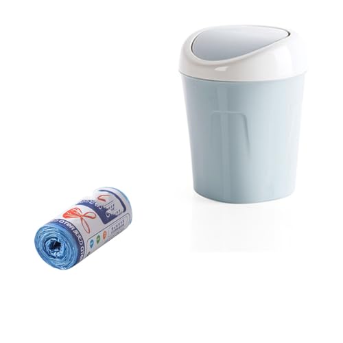 Image of Plastic Mini Desktop Trash Can with Trash Bags, Tiny Wastebasket Small Garbage Waste Bin with Swing Lid for Tabletop Table Office Kitchen Bedroom Bathroom (Blue)