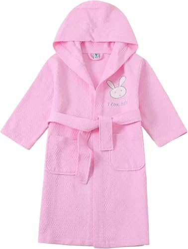 Niños Niñas Niños Albornoz Waffle, 100% Algodón Batas Largas con Capucha para Niños Niños, Pink, 12-15 Years