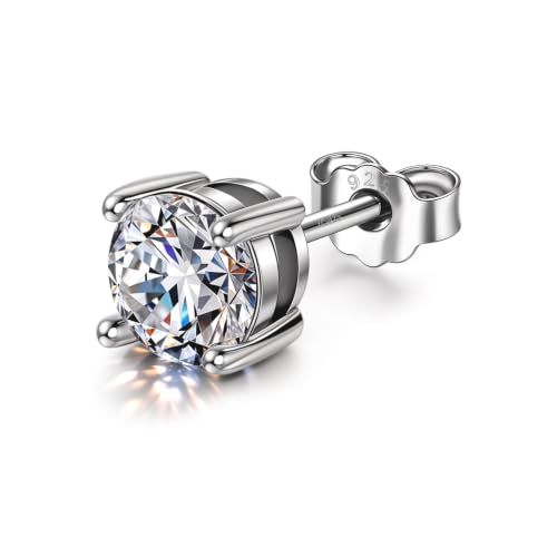 Image of HIGHSPARK 925 Silver Men's Round Solitaire Stud Earring | 92.5 Sterling Silver and Diamond like Brilliance Sparkling Zirconia | Single Stud for Men | Lovely Gift