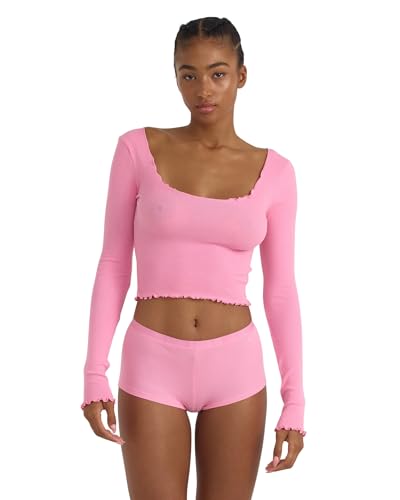 Organic Basics Womens Core Shorty Ribbed Cotton Boyshort Underwear, Tulip Pink, Medium