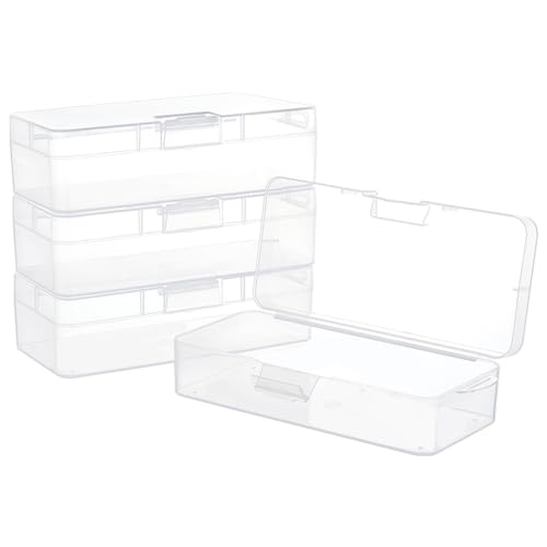 BENECREAT 4 Paquete Caja Contenedor de Plástico Rectángulo, Organizador de Almacenamiento Transparente de 18x7.5x4.7cm con Tapa con Bisagras Y Orificio para Colgar para Accesorios para Manualidades