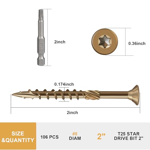 Image of Deck Screws 2 Inch, Wood Screws #8x2 inch, 106 Pcs Golden Brown | Rust Resistant Epoxy Coated, Outdoor Wood Screws, Torx Screws Exterior Fence Screws, T25 Star Bit Included 1 lbs