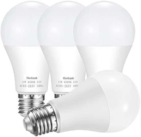 Hanbaak 100W Equivalent Light Bulb, 12W E26 E27 LED Bulbs Medium Screw Base, Non-Dimmable, Daylight White 6500K 4-Pack