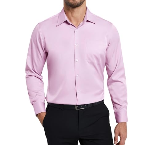 Enlision Camisas Hombre Rosa Manga Larga Sin Plancha Elastica Camisa Hombre Boda Negocios Formal Ajuste Regular Cuello con Botones XL
